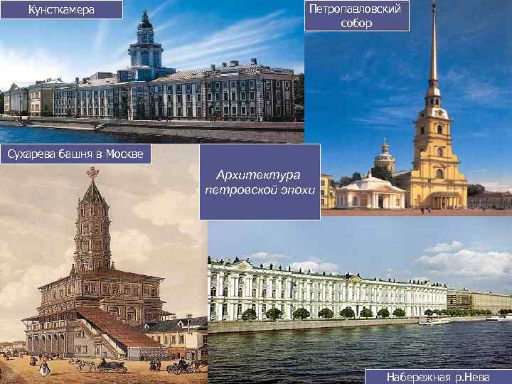 Кунсткамера Петропавловский собор Сухарева башня в Москве Архитектура петровской эпохи Набережная р. Нева 