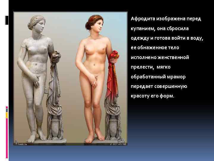 Афродита изображена перед купанием, она сбросила одежду и готова войти в воду, ее обнаженное