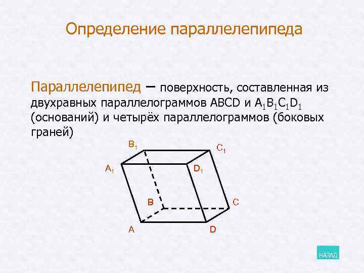 Определение параллелепипеда Параллелепипед – поверхность, составленная из двухравных параллелограммов ABCD и A 1 B
