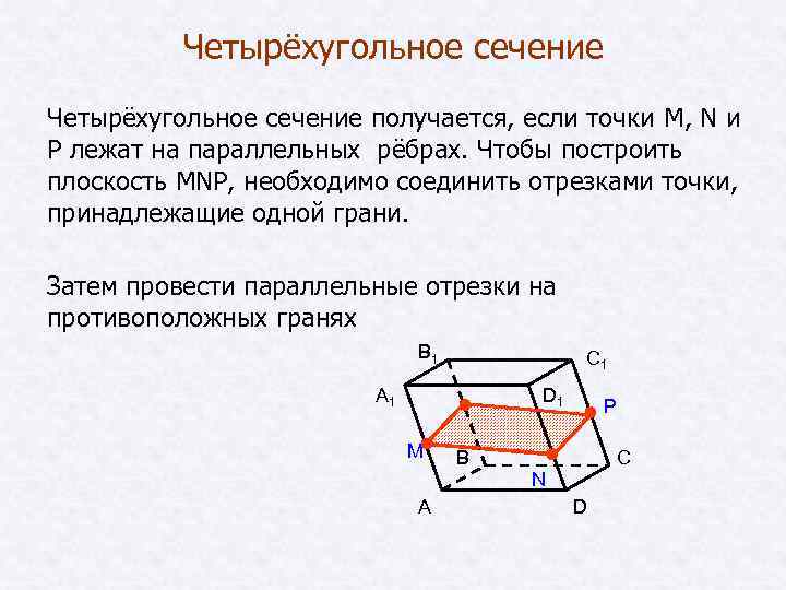 Четырёхугольное сечение получается, если точки M, N и P лежат на параллельных рёбрах. Чтобы