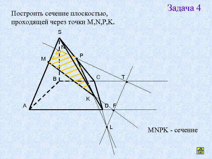 Задача 4 Построить сечение плоскостью, проходящей через точки M, N, P, K. S N