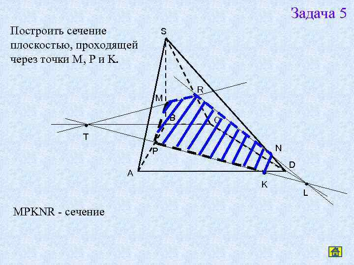 Задача 5 Построить сечение плоскостью, проходящей через точки M, P и K. S R