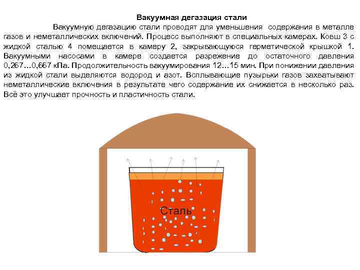 Вакуумная дегазация стали Вакуумную дегазацию стали проводят для уменьшения содержания в металле газов и
