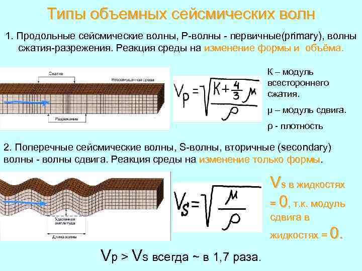 Типы объемных сейсмических волн 1. Продольные сейсмические волны, Р-волны - первичные(primary), волны сжатия-разрежения. Реакция