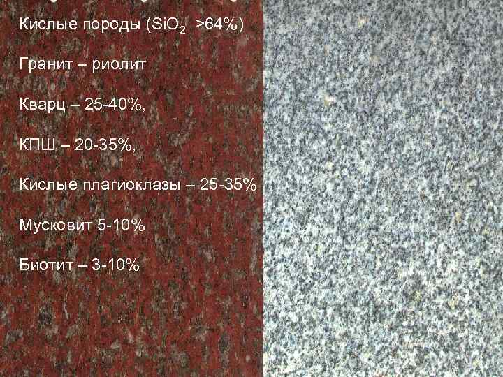 Кислые породы (Si. O 2 >64%) Гранит – риолит Кварц – 25 -40%, КПШ