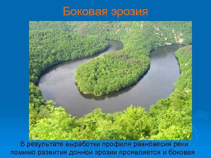 Боковая эрозия В результате выработки профиля равновесия реки помимо развития донной эрозии проявляется и
