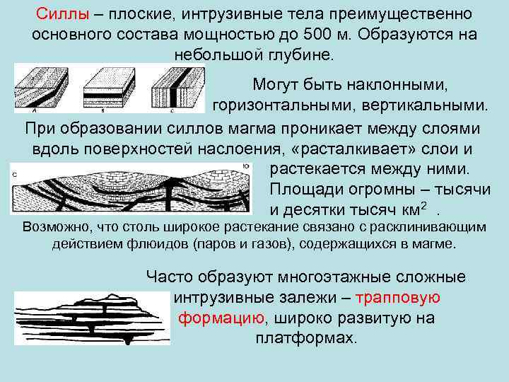 Силлы – плоские, интрузивные тела преимущественно основного состава мощностью до 500 м. Образуются на