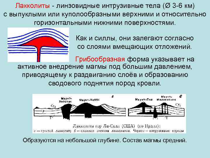 Лакколиты - линзовидные интрузивные тела (Ø 3 -6 км) с выпуклыми или куполообразными верхними