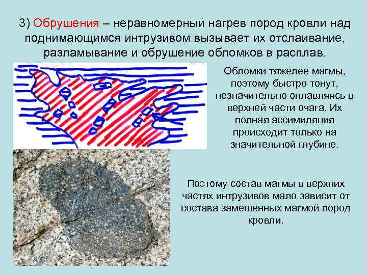 3) Обрушения – неравномерный нагрев пород кровли над поднимающимся интрузивом вызывает их отслаивание, разламывание