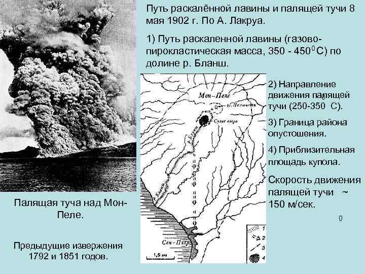 Путь раскалённой лавины и палящей тучи 8 мая 1902 г. По А. Лакруа. 1)