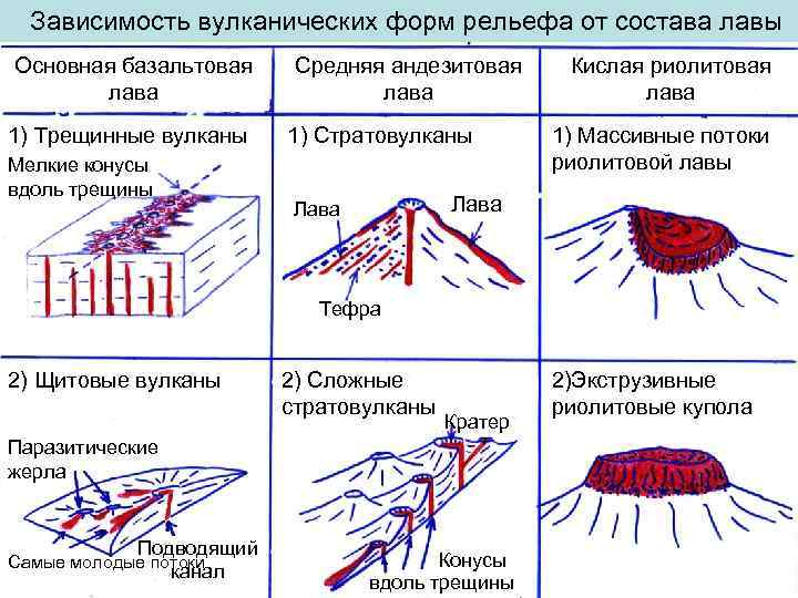 Зависимость вулканических форм рельефа от состава лавы Основная базальтовая лава 1) Трещинные вулканы Мелкие