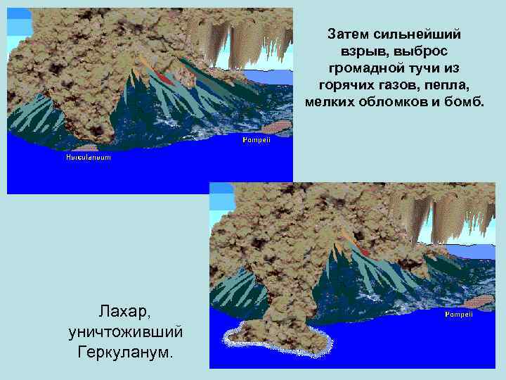 Затем сильнейший взрыв, выброс громадной тучи из горячих газов, пепла, мелких обломков и бомб.