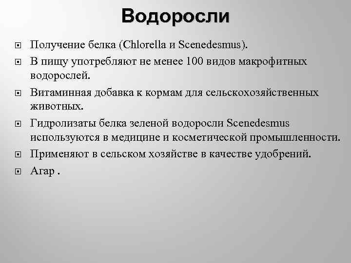 Водоросли Получение белка (Chlorella и Scenedesmus). В пищу употребляют не менее 100 видов макрофитных