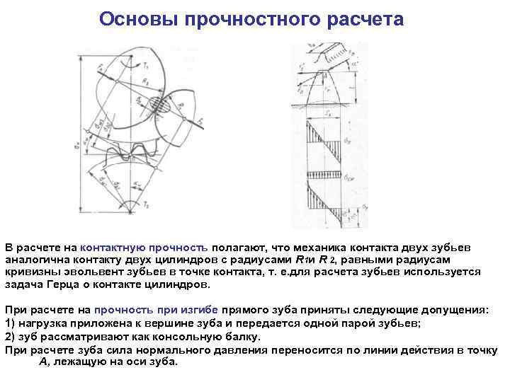 Основы прочностного расчета В расчете на контактную прочность полагают, что механика контакта двух зубьев