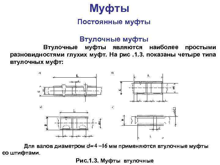 Муфты Постоянные муфты Втулочные муфты являются наиболее простыми разновидностями глухих муфт. На рис. 1.