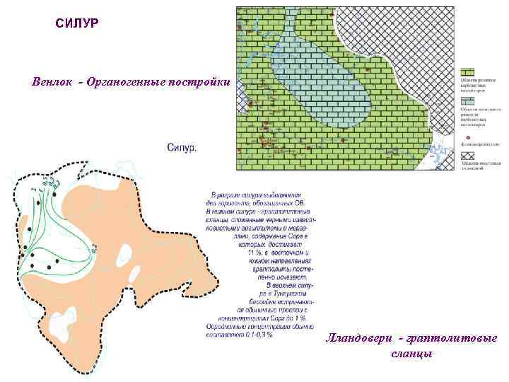 СИЛУР Венлок - Органогенные постройки Мощности Лландовери - граптолитовые сланцы 