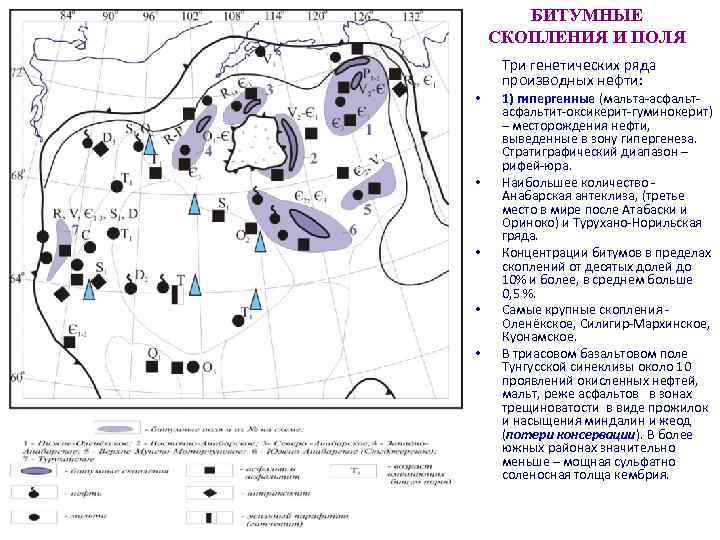 БИТУМНЫЕ СКОПЛЕНИЯ И ПОЛЯ • • • Три генетических ряда производных нефти: 1) гипергенные