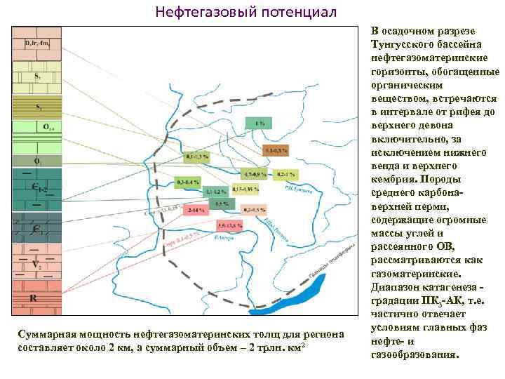 Нефтегазовый потенциал Суммарная мощность нефтегазоматеринских толщ для региона составляет около 2 км, а суммарный