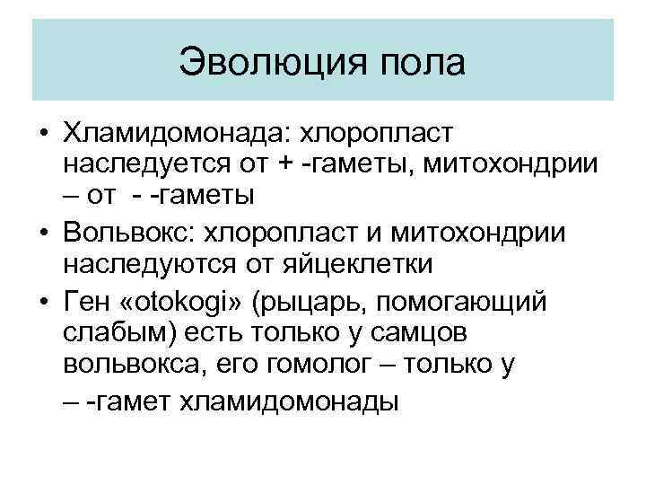 Эволюция пола • Хламидомонада: хлоропласт наследуется от + -гаметы, митохондрии – от - -гаметы