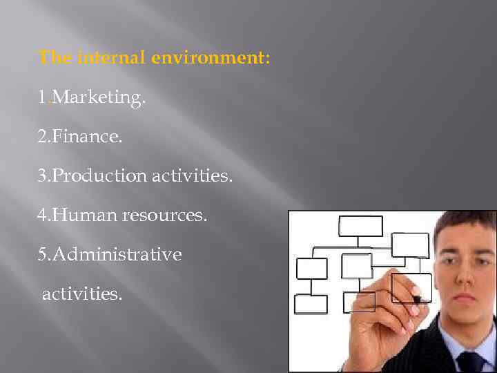 The internal environment: 1. Marketing. 2. Finance. 3. Production activities. 4. Human resources. 5.