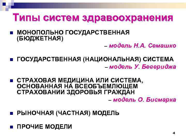Типы систем здравоохранения n МОНОПОЛЬНО ГОСУДАРСТВЕННАЯ (БЮДЖЕТНАЯ) – модель Н. А. Семашко n ГОСУДАРСТВЕННАЯ