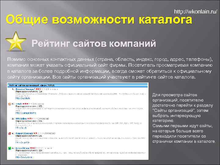 http: //wkonlain. ru/ Общие возможности каталога Рейтинг сайтов компаний Помимо основных контактных данных (страна,