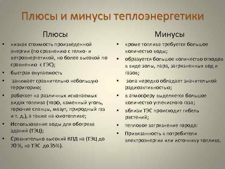 Плюсы и минусы теплоэнергетики Плюсы • • • низкая стоимость произведенной энергии (по сравнению