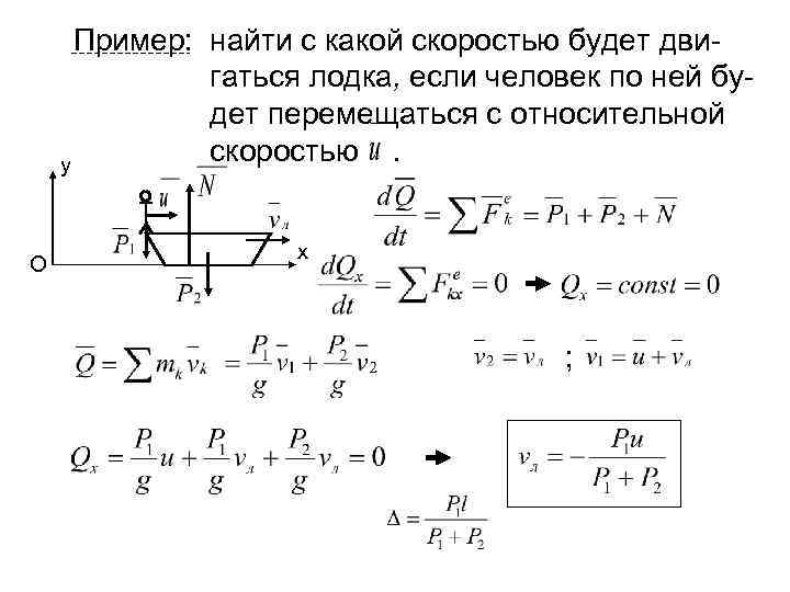 Пример: найти с какой скоростью будет двигаться лодка, если человек по ней будет перемещаться