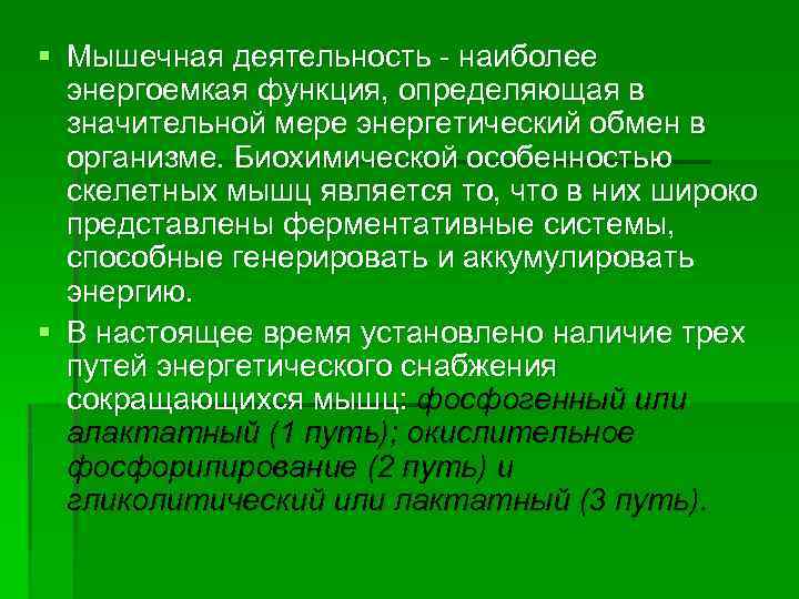 § Мышечная деятельность - наиболее энергоемкая функция, определяющая в значительной мере энергетический обмен в