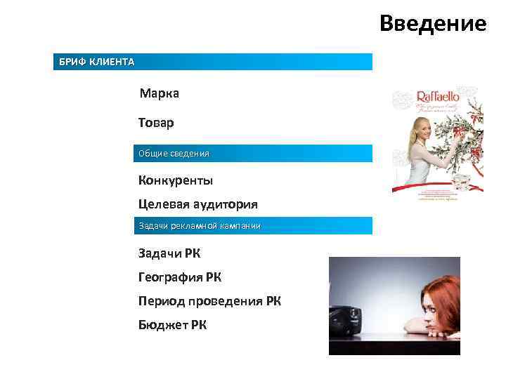 Введение БРИФ КЛИЕНТА Марка Товар Общие сведения Конкуренты Целевая аудитория Задачи рекламной кампании Задачи