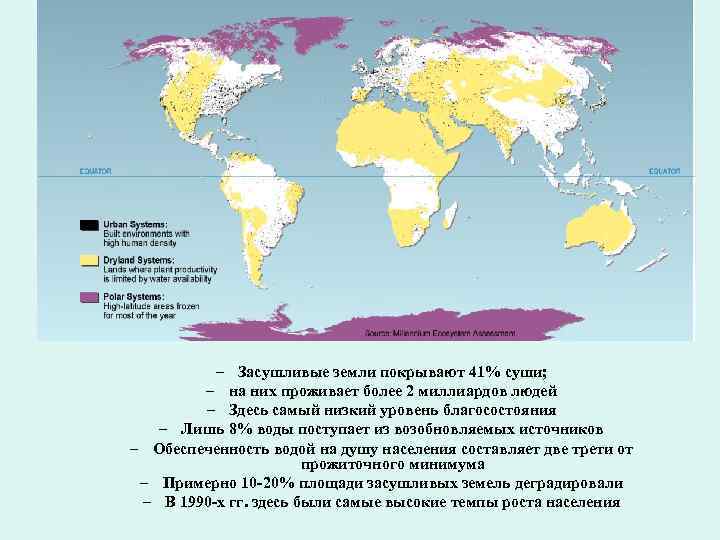 – Засушливые земли покрывают 41% суши; – на них проживает более 2 миллиардов людей