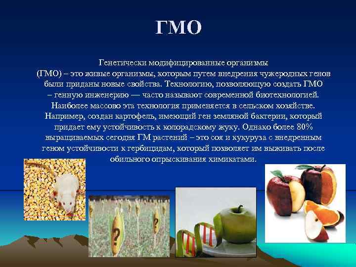 ГМО Генетически модифицированные организмы (ГМО) – это живые организмы, которым путем внедрения чужеродных генов
