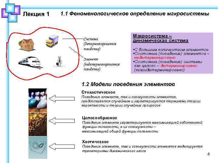 Лекция 1 1. 1 Феноменологическое определение макросистемы Система (детерминированное поведение) Элемент (недетерминированное поведение) Макросистема