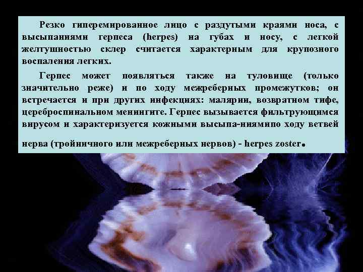 Резко гиперемированное лицо с раздутыми краями носа, с высыпаниями герпеса (herpes) на губах и