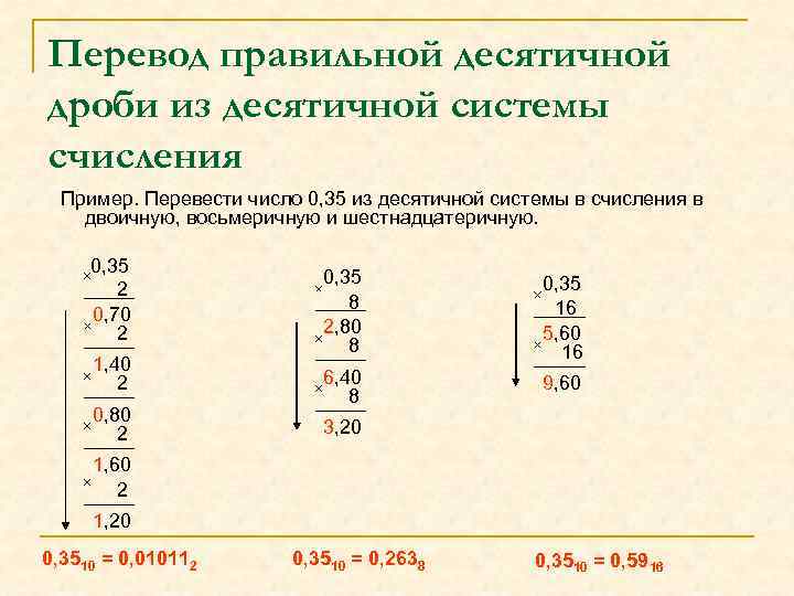 Перевод правильной десятичной дроби из десятичной системы счисления Пример. Перевести число 0, 35 из