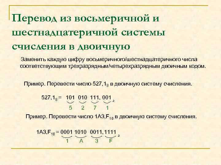 Перевод из восьмеричной и шестнадцатеричной системы счисления в двоичную Заменить каждую цифру восьмеричного/шестнадцатеричного числа