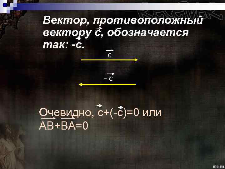 Вектор, противоположный вектору c, обозначается так: -c. c -c Очевидно, с+(-с)=0 или АВ+ВА=0 