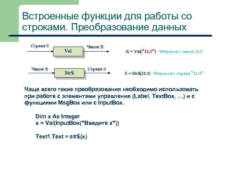 Встроенные функции для работы со строками. Преобразование данных Строка S Число X Val Число