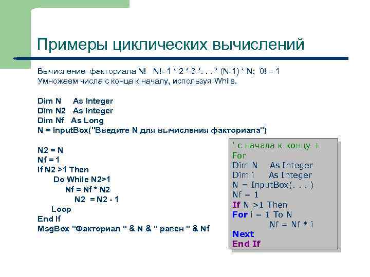 Примеры циклических вычислений Вычисление факториала N! N!=1 * 2 * 3 *. . .