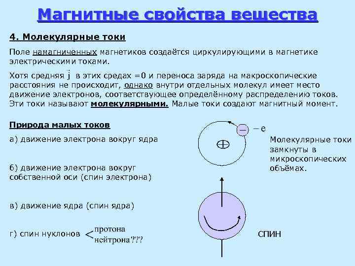 Магнитные свойства вещества 4. Молекулярные токи Поле намагниченных магнетиков создаётся циркулирующими в магнетике электрическими