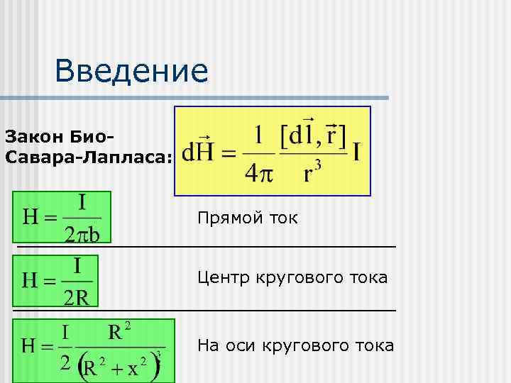 Введение Закон Био. Савара-Лапласа: Прямой ток Центр кругового тока На оси кругового тока 