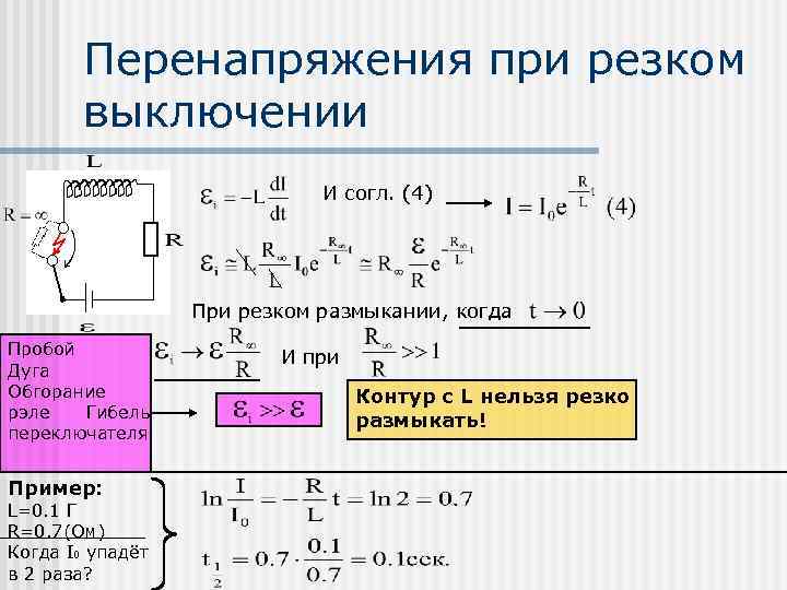 Перенапряжения при резком выключении И согл. (4) При резком размыкании, когда Пробой Дуга Обгорание