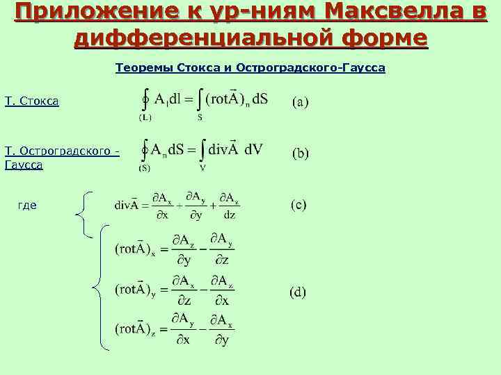 Приложение к ур-ниям Максвелла в дифференциальной форме Теоремы Стокса и Остроградского-Гаусса Т. Стокса Т.