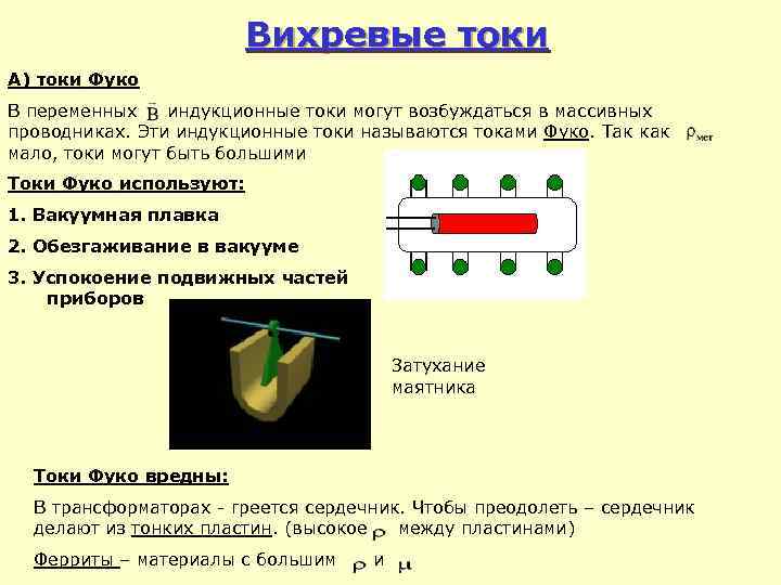 Вихревые токи А) токи Фуко В переменных индукционные токи могут возбуждаться в массивных проводниках.