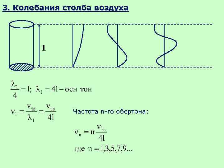 3. Колебания столба воздуха Частота n-го обертона: 