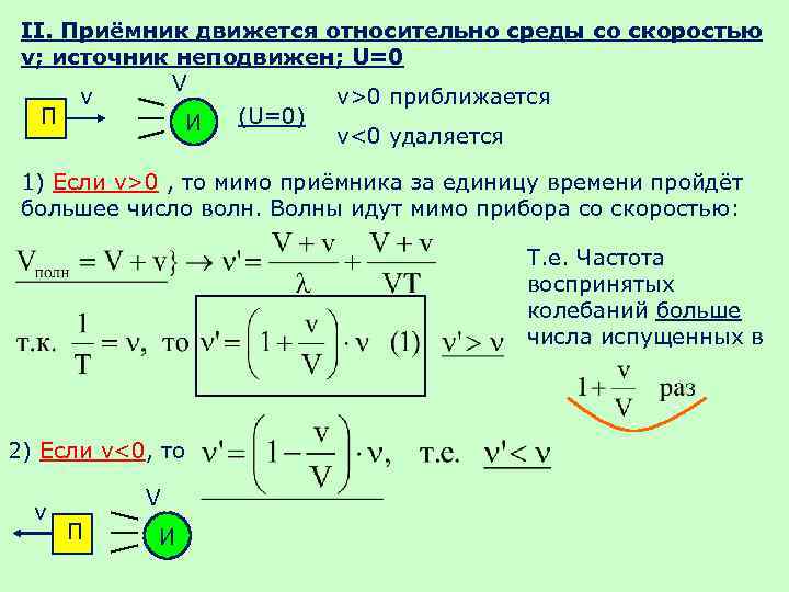 II. Приёмник движется относительно среды со скоростью v; источник неподвижен; U=0 V v v>0