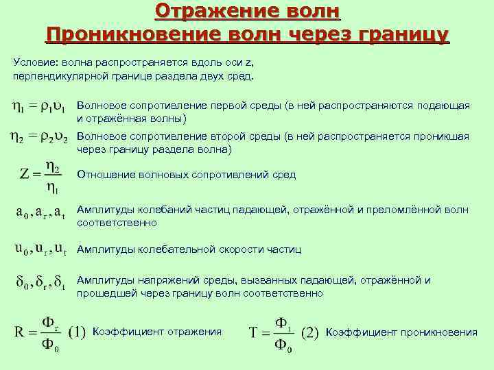 Отражение волн Проникновение волн через границу Условие: волна распространяется вдоль оси z, перпендикулярной границе