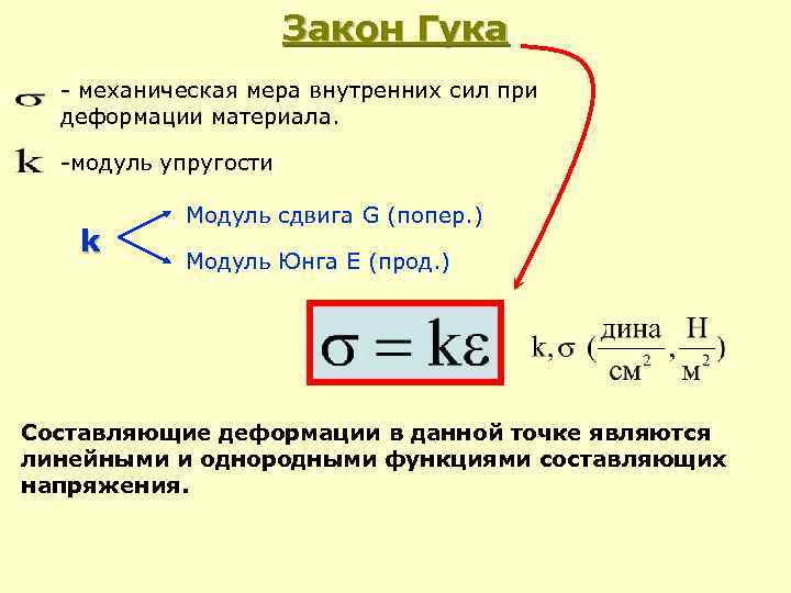 Закон Гука - механическая мера внутренних сил при деформации материала. -модуль упругости k Модуль