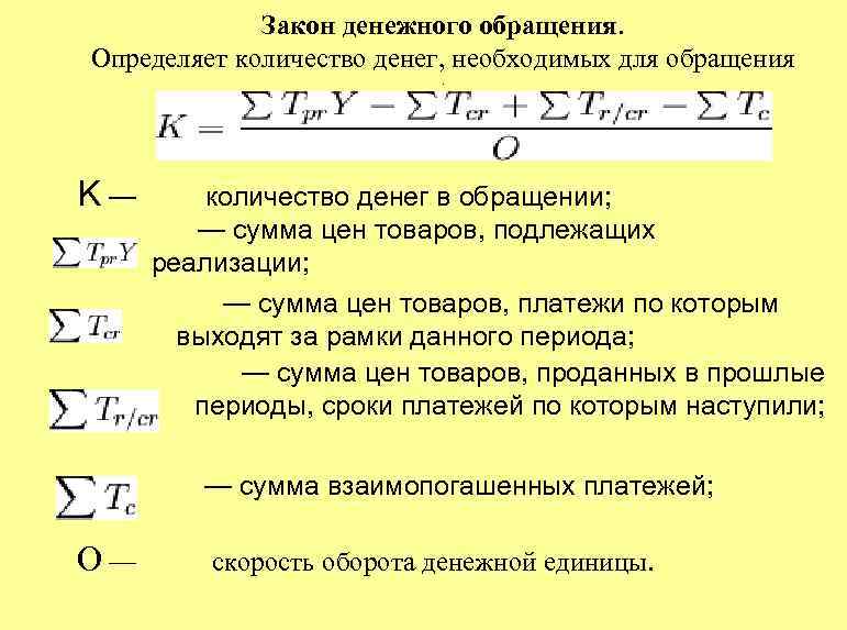 Закон денежного обращения. Определяет количество денег, необходимых для обращения. K — количество денег в