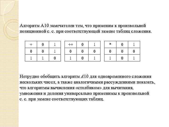 Алгоритм А 10 замечателен тем, что применим к произвольной позиционной с. с. при соответствующей